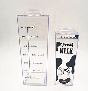 Close-up of a 500ml square plastic milk carton bottle with fresh milk cow print and text