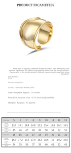 Detailed size chart showing S925 silver ring inner diameter and circumference measurements