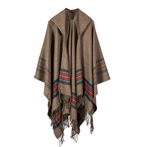 Brown hooded striped knit shawl poncho with fringe hem for women in warm wool-like fabric