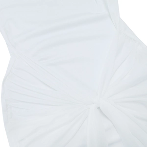 Detailed macro view of white fabric with elegant twist knot and ruched draped design