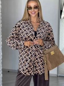 Blusa A Maniche Lunghe Con Stampa Geometrica Per Donna Colletto A Revers Monopetto Casual Elegante Top Da Ufficio