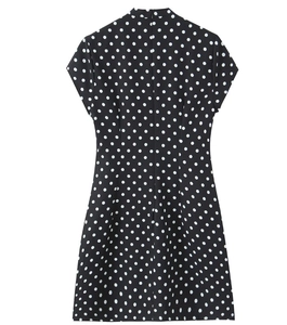 Back view of a polka dot mini dress featuring a mandarin collar and a hidden zipper