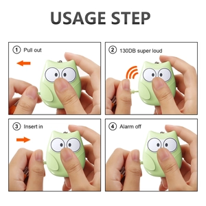 Usage guide for the green owl personal alarm showing the 130DB loud sound activation steps