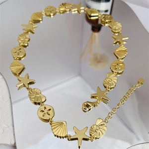 Detail of adjustable 18K gold plated ocean necklace with starfish and shell pendants