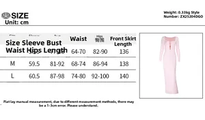 Detailed size chart for pink square neck long sleeve maxi dress in cm with S, M, L specs