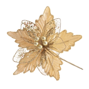 Golden artificial poinsettia Christmas flower with mesh petals and glitter coating