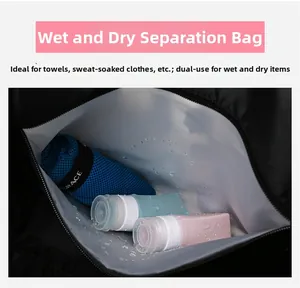 Close-up of waterproof dry-wet separation pocket with transparent lining and blue towel