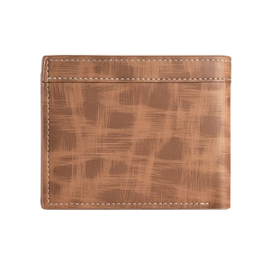 Detailed view of brown men's bifold wallet with crosshatch texture and white stitching