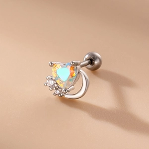 Colorful zircon heart stud earring with moon base and stainless steel screw back