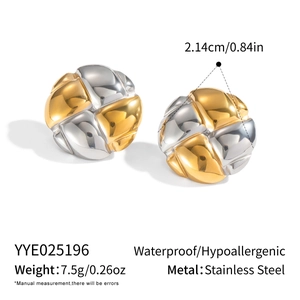 Detailed view of two-tone stainless steel earrings with weight and size specifications