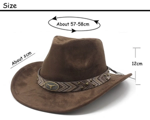 Detail of faux suede cowboy hat with ethnic band, metal studs and bull head logo