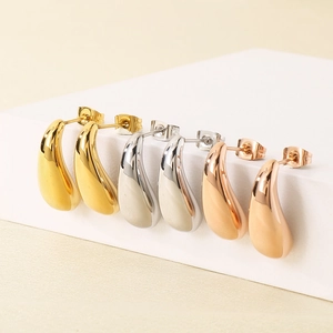 Polished 18k gold plated water drop stud earrings in gold silver and rose gold finishes