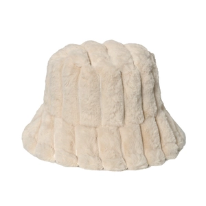 Women's warm striped faux fur bucket hat in cream white, plush winter accessory
