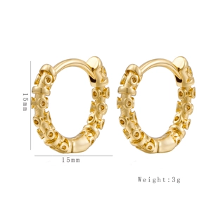 Detail of 15mm gold geometric hoop earrings showing textured surface and dimensions
