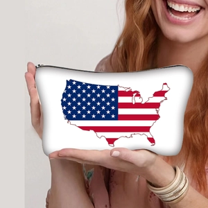 Portable cosmetic bag with US flag map print and black zipper closure for women
