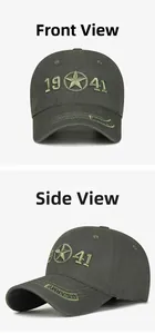 Close-up of military green baseball cap with 1941 star embroidery and U.S. ARMY lettering
