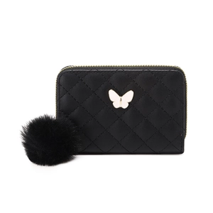 Women's short black quilted butterfly purse with elegant pompom charm and metal zipper