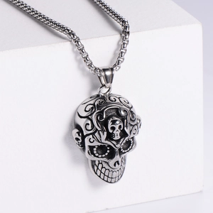Gothic punk skull pendant with ornate carvings on a sturdy box chain necklace