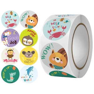Roll of 8 colorful cartoon animal reward stickers for children with English praise words