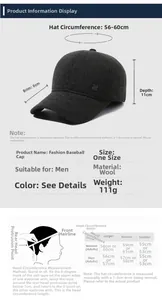Detailed size chart for men wool baseball cap showing dimensions and head measurement guide