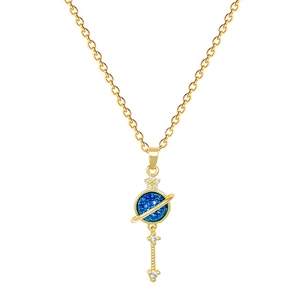 Elegant gold titanium steel necklace featuring a blue planet Saturn pendant with stars