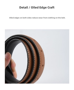 Gros plan détaillé sur ceinture en cuir marron grainé avec bords peints et coutures contrastées