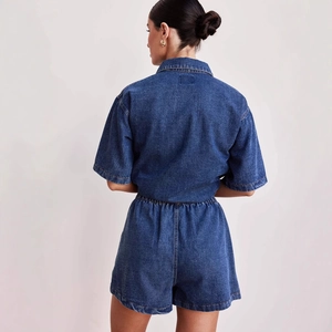 Retro loose short-sleeve denim romper with elastic waist shown from a back view perspective