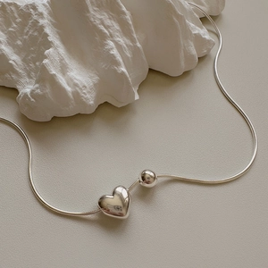 925 Sterling Silver Heart Pendant Necklace With Bead Fine Snake Bone Chain Minimalist High Polish Jewelry For Women