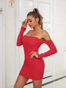 Sexy off-shoulder backless long sleeve mini dress in vibrant red with corset bodice