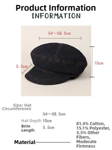Detailed fabric composition of dark blue denim baker boy hat with material specs