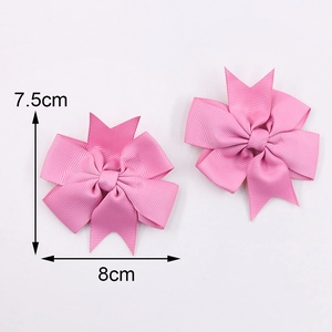 Set of two pink ribbed ribbon bow hair clips for girls with 8cm x 7.5cm size markings