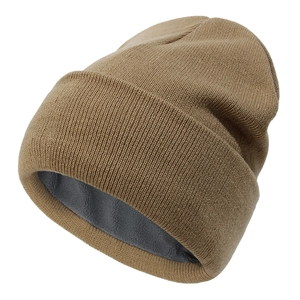 Khaki cable knit beanie with warm fleece lining shown from a 45-degree angle