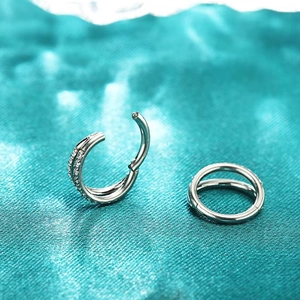 F136 titanium hinged ring with double rows of zircon for nose or ear piercings