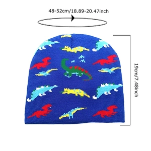 Kids dinosaur knit beanie in blue with colorful patterns and size measurement markers