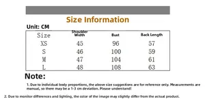 Detailed size chart for cotton long sleeve top showing measurements for XS to L sizes