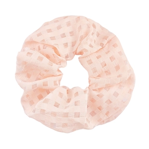 Pink checkered organza hair scrunchie with sheer mesh fabric for elegant ponytails