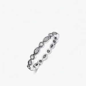 Retro Marquise Round Zircon Eternity Ring 925 Sterling Silver Stackable Milgrain Band For Women Geometric Vintage Style