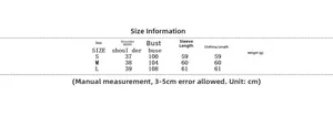 Detailed size chart for women's knit skirt set with shoulder and bust measurements