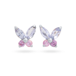Macro detail of butterfly earrings with purple and pink gemstones in S925 silver