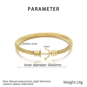 Detail view of gold woven mesh stainless steel bracelet with anchor clasp specifications