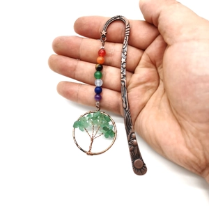 Vintage Metal Bookmark With Tree Of Life Pendant And Seven Chakra Natural Stone Beads Antique Bronze Style