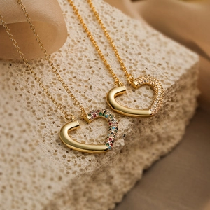 Minimalist gold plated heart pendant necklaces with colorful zircon on a coral stone base