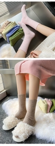 Detailed knit texture of colorful Japanese style wool crew socks for home comfort
