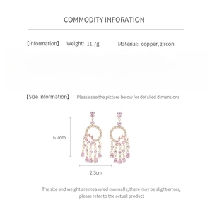 Detailed size specifications for pink zircon tassel earrings with dimensions and weight