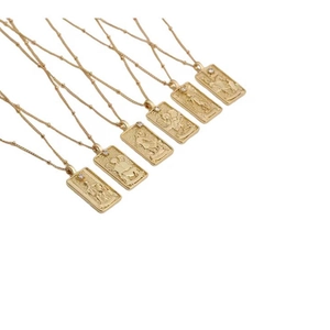 Zircon Copper Rectangular Pendant Necklace Gold Plated Retro Tarot Relief Medallion Beaded Chain Jewelry