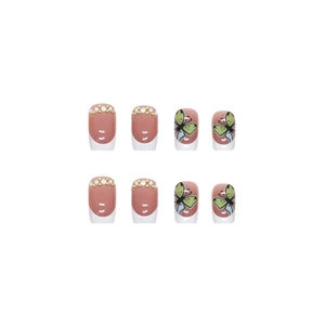 French white tip press-on nails with pearls, rhinestones, and hand-painted butterfly art