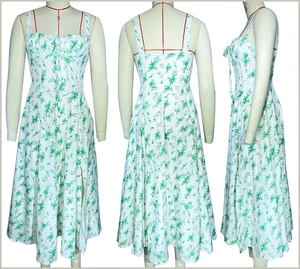 Detailed views of a floral strap dress featuring front tie-up and side slit details