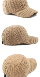 Detailed views of cable knit texture and adjustable back strap on beige baseball cap