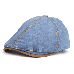 Vintage-Schiebermütze aus Denim mit orangefarbenen Nähten und brauner Wildlederkrempe