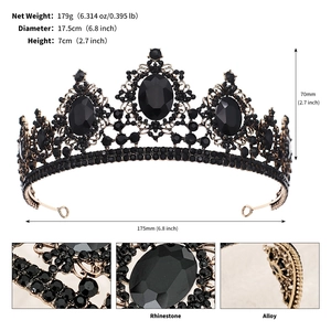 Macro detail of black rhinestone crown with dimensions and high-quality alloy base texture